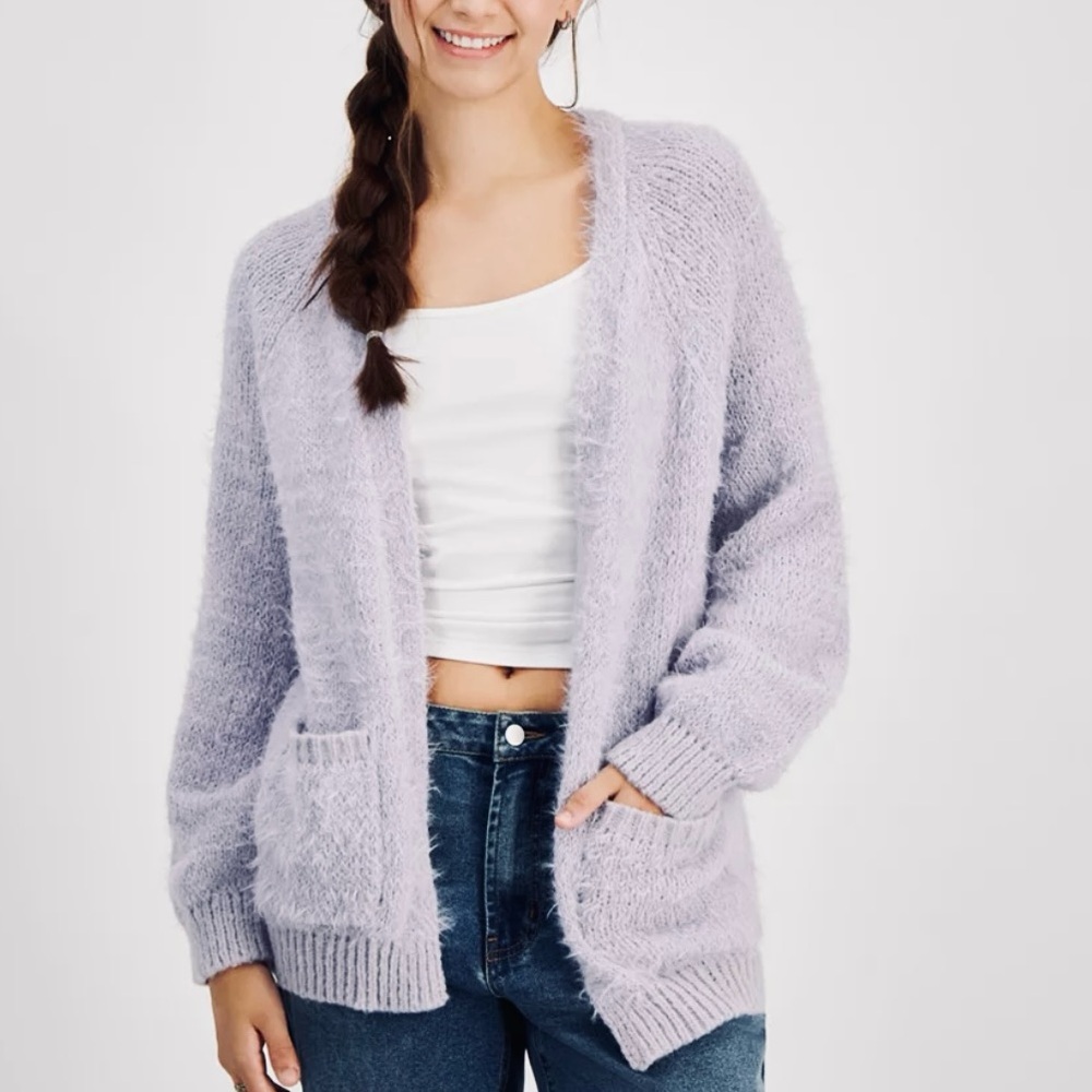 Freshman Juniors Fuzzy Eyelash Open-Front Cardigan Sweater
